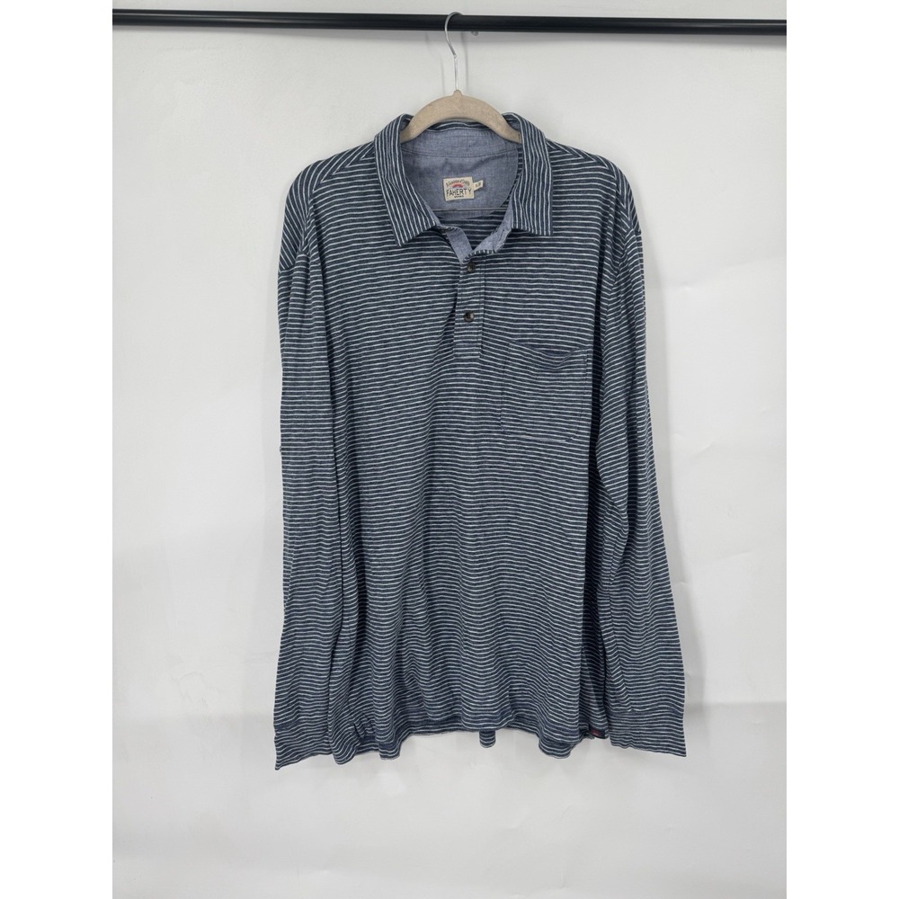 Faherty Long Sleeve Polo Shirt‎ Men XXL Blue Striped Western Casual Preppy